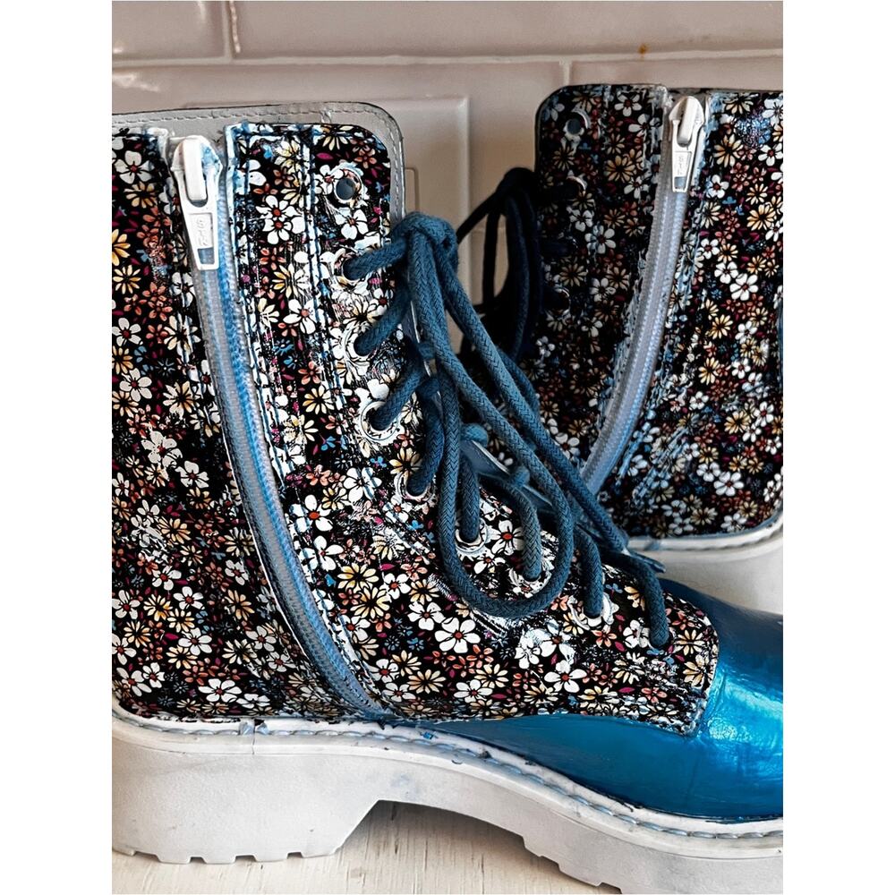 Unique Upcycled Combat Platform Heel Boot Size 7.5 Custom Foil Floral Two Tone - Picture 8 of 12
